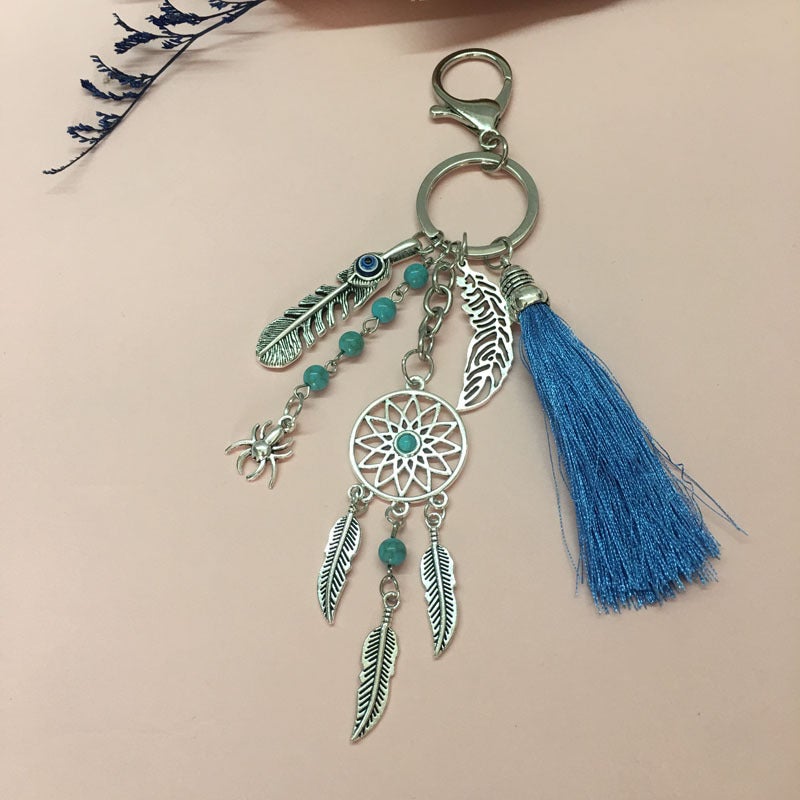 European and American popular bohemian wool tassel dream catcher keychain men's and women's turquoise leaf bag pendant - Image 3
