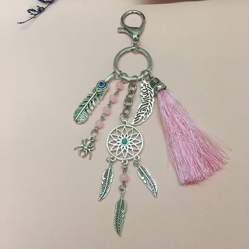 European and American popular bohemian wool tassel dream catcher keychain men's and women's turquoise leaf bag pendant - Image 2