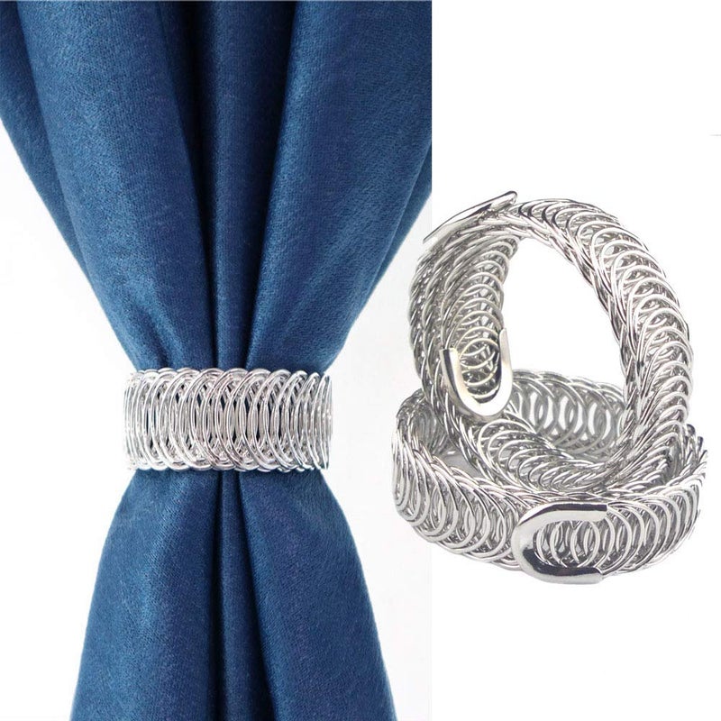 Ailejia Metal Curtain Tiebacks Holdback Drapery Curtain Tiebacks 1 Pair Elastic Strap Drape Buckle Home and Office Window Treatment (Silver) - Image 1