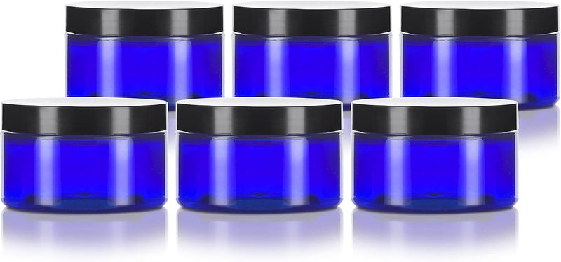 JUVITUS 2 oz Cobalt Blue Heavy Wall Plastic Refillable Low Profile Jar with Black Smooth Lid (6 pack)