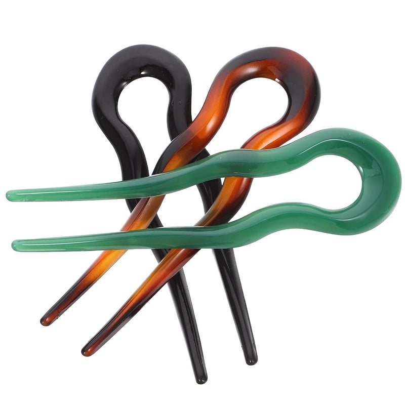 POPETPOP 3pcs Large U Shaped Hair Pins for Buns Chinese Style Hair Sticks Retro French Twist for Women with Jade Green Orange Yellow and Black Colors - Image 1
