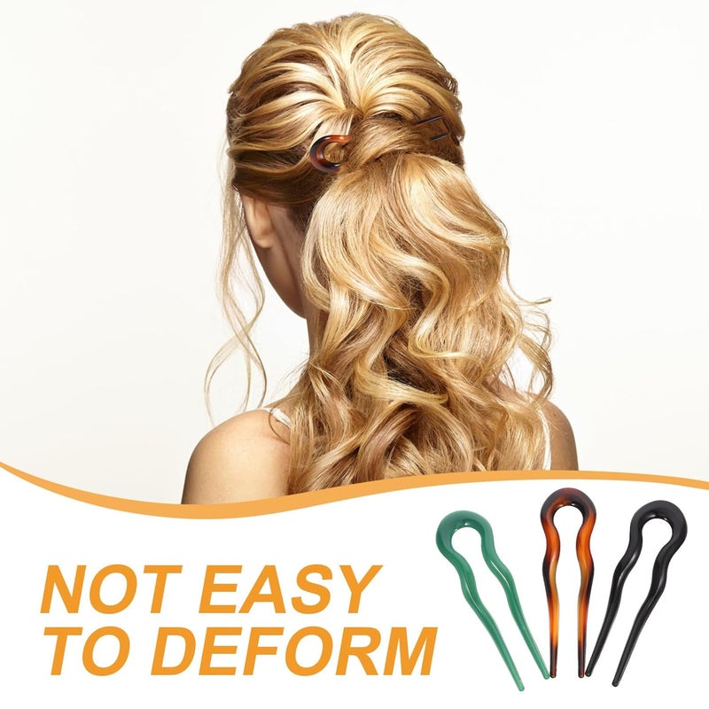 POPETPOP 3pcs Large U Shaped Hair Pins for Buns Chinese Style Hair Sticks Retro French Twist for Women with Jade Green Orange Yellow and Black Colors - Image 5
