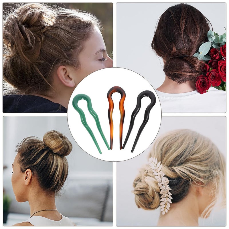 POPETPOP 3pcs Large U Shaped Hair Pins for Buns Chinese Style Hair Sticks Retro French Twist for Women with Jade Green Orange Yellow and Black Colors - Image 4