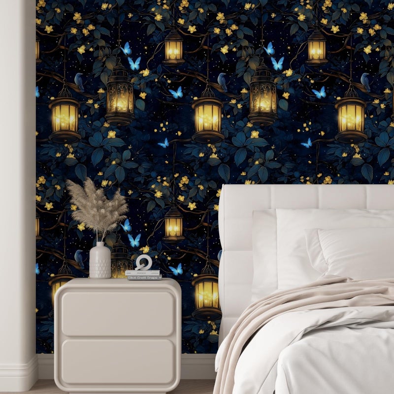 VOLEAAR Dark Floral Peel and Stick Wallpaper, Wonderland Forest with Lighting Butterfly Self Adhesive Wallpaper for Bedroom Cubicle Drawer, Vinyl Waterproof Fantasy Contact Paper Black 17.5In x 118In - Image 2
