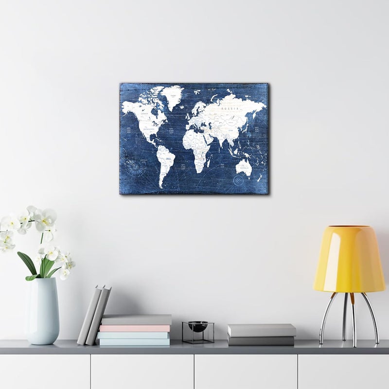 AREBOLO Vintage World Map Canvas Wall Art for Living Room Decor  Retro Abstract Navy Blue and White World Map Prints Picture Painting Modern Framed Artwork for Office Nursery Bedroom Home Decoration 12x16 - Image 4