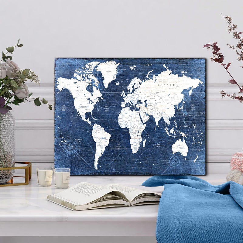 AREBOLO Vintage World Map Canvas Wall Art for Living Room Decor  Retro Abstract Navy Blue and White World Map Prints Picture Painting Modern Framed Artwork for Office Nursery Bedroom Home Decoration 12x16 - Image 2