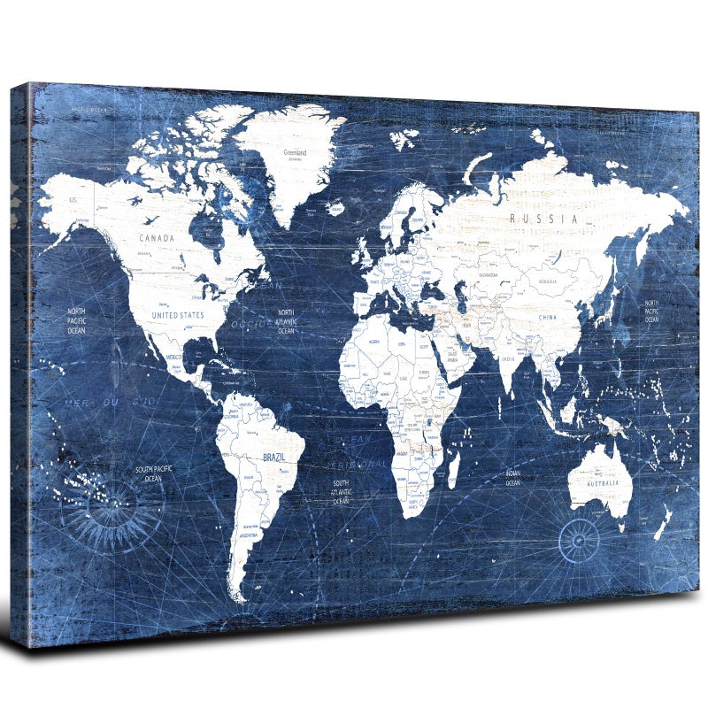 AREBOLO Vintage World Map Canvas Wall Art for Living Room Decor  Retro Abstract Navy Blue and White World Map Prints Picture Painting Modern Framed Artwork for Office Nursery Bedroom Home Decoration 12x16 - Image 1