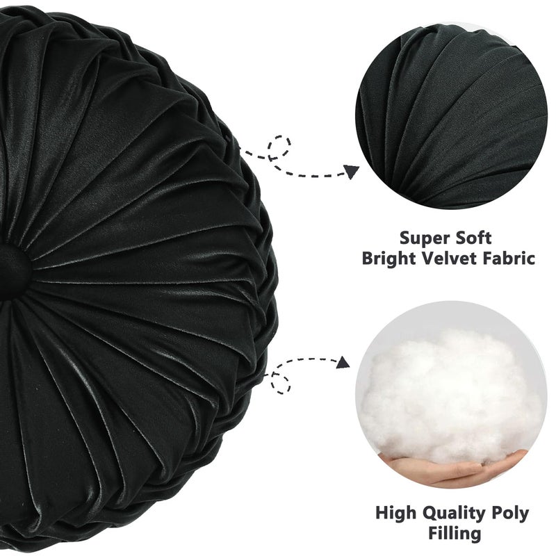 Hi -G HIG Set of 2 Decorative Round Pleated Throw Pillows, Classy Accent Pumpkin Throw Pillows with Center Button, Vintage Velvet Floor Pillows for Sofa Vanity Chair Bed, Black, 14.5" Diameter(Ripple) - Image 2