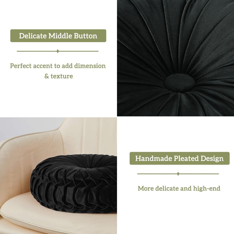 Hi -G HIG Set of 2 Decorative Round Pleated Throw Pillows, Classy Accent Pumpkin Throw Pillows with Center Button, Vintage Velvet Floor Pillows for Sofa Vanity Chair Bed, Black, 14.5" Diameter(Ripple) - Image 3