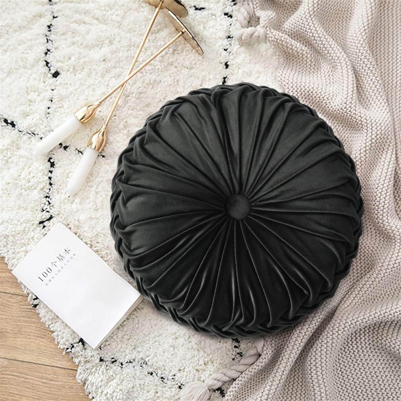 Hi -G HIG Set of 2 Decorative Round Pleated Throw Pillows, Classy Accent Pumpkin Throw Pillows with Center Button, Vintage Velvet Floor Pillows for Sofa Vanity Chair Bed, Black, 14.5" Diameter(Ripple) - Image 5