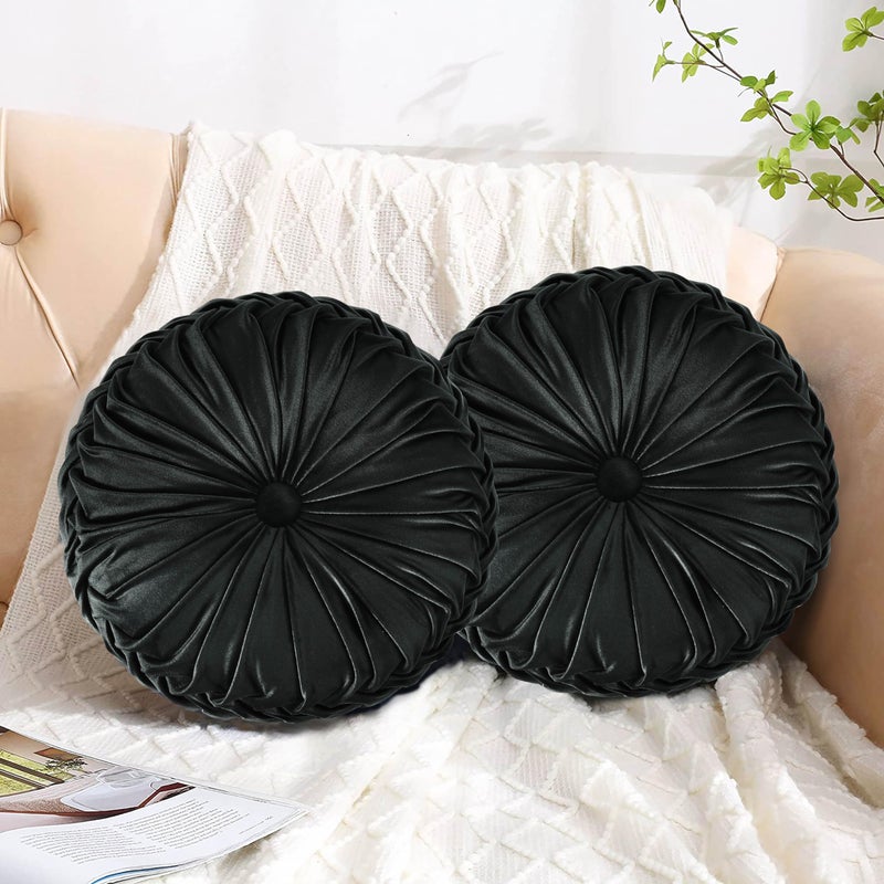 Hi -G HIG Set of 2 Decorative Round Pleated Throw Pillows, Classy Accent Pumpkin Throw Pillows with Center Button, Vintage Velvet Floor Pillows for Sofa Vanity Chair Bed, Black, 14.5" Diameter(Ripple) - Image 1