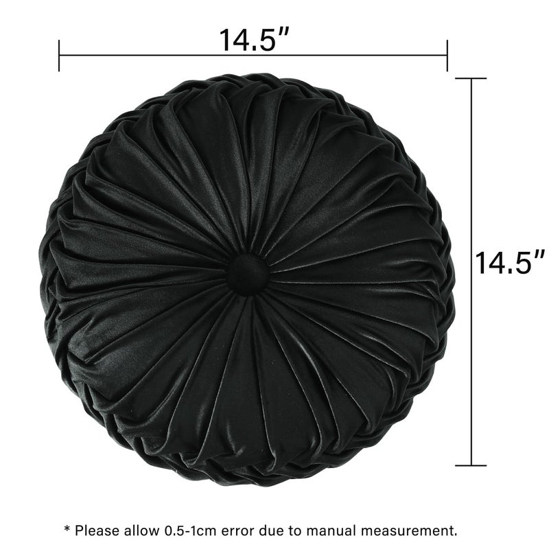Hi -G HIG Set of 2 Decorative Round Pleated Throw Pillows, Classy Accent Pumpkin Throw Pillows with Center Button, Vintage Velvet Floor Pillows for Sofa Vanity Chair Bed, Black, 14.5" Diameter(Ripple) - Image 4