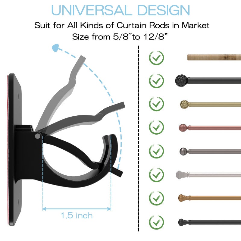 Wabboreq 8 Pieces Self Adhesive Curtain Rod Bracket, Universal Plastic Curtain Rod Holders, No Drill Curtain Rod Brackets Curtain Rod Hooks for Bathroom, Bedroom, Livingroom, Kitchen (Black) - Image 2
