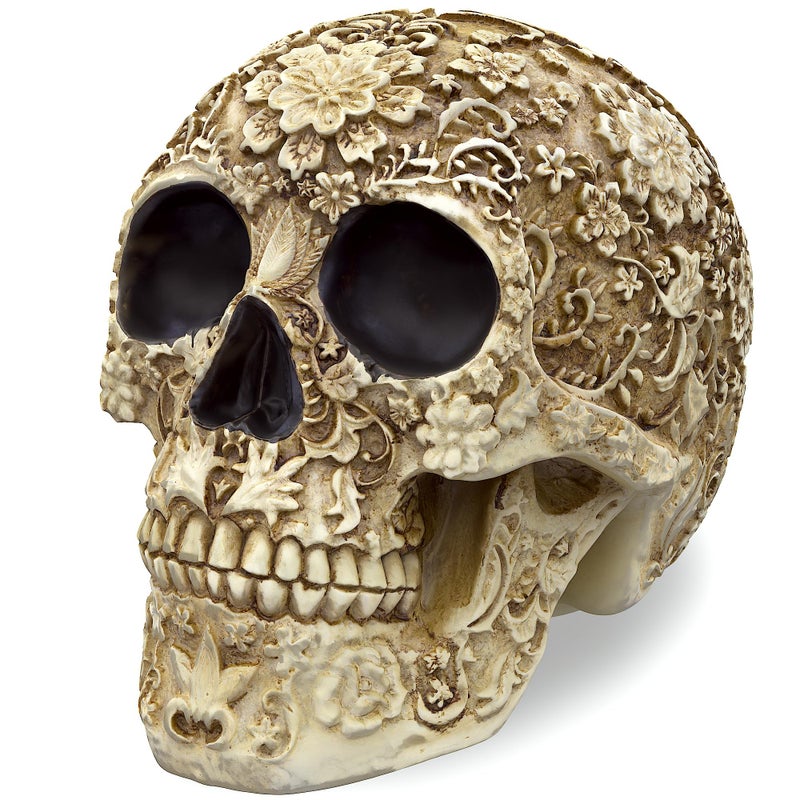 READAEER Life Size Skull Resin Floral Human Skull Model Adult Head Bone Model Day of The Dead Dcor