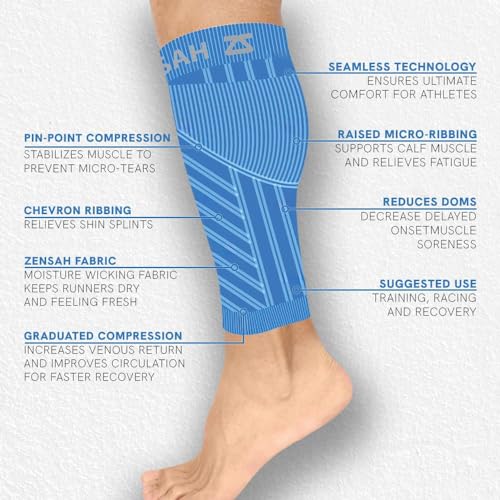 Zensah Calf/Shin Compression Sleeve - Made in the USA Single Leg Compression Sleeve for Shin Splint Relief, Recovery, Running (Blue, Small/Medium) - Image 3