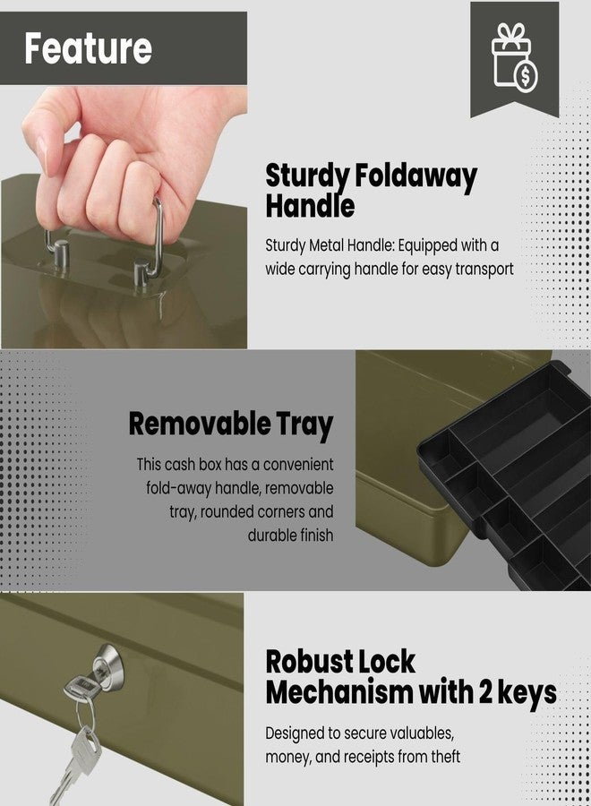 فليكسزيون صندوق نقود فليكسزيون مع صينية نقود وقفل - صندوق نقود معدني للشركات الصغيرة، صندوق نقود أخضر بتسعة أقسام مع صينية قابلة للإزالة ومفتاح، تخزين محمول للشيكات والعملات المعدنية - Image 2