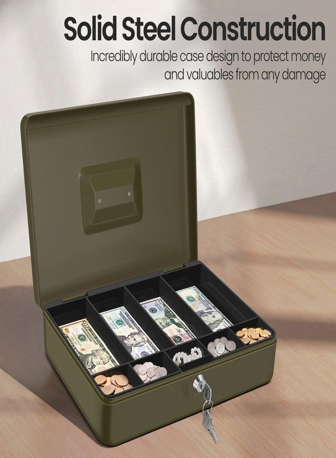 فليكسزيون صندوق نقود فليكسزيون مع صينية نقود وقفل - صندوق نقود معدني للشركات الصغيرة، صندوق نقود أخضر بتسعة أقسام مع صينية قابلة للإزالة ومفتاح، تخزين محمول للشيكات والعملات المعدنية - Image 4