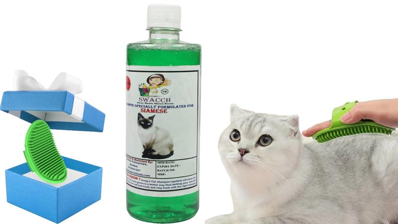Swacch Siamese Cat Shampoo -500ml (Neem Alovera) + Bath Brush with Adjustable Straps Combo Pack - Image 1