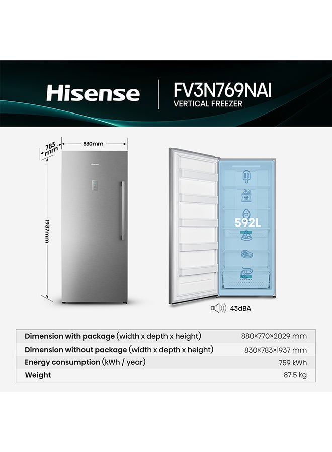 Hisense 769 Gross/592 Net Capacity , Single Door Fridge,With Inverter,Left open DoorWith  Glass Shelf,  Total No frost, LED Touch Control FV3N769NAI Silver - Image 3