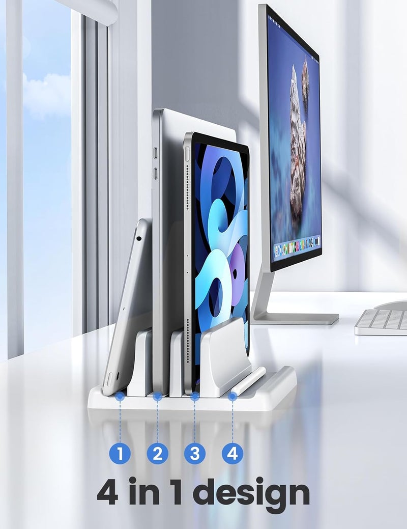 فايدير حامل حاسوب محمول عمودي من للمكتب، حامل بلاستيكي مزدوج الفتحات بتصميم 4 في 1 لتوفير المساحة، حامل حاسوب محمول قابل للتعديل يدعم MacBook وChromebook وSurface وDell (أبيض) - Image 2