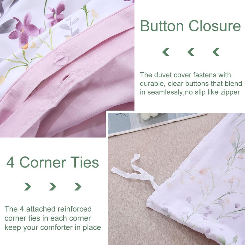 URBONUR Floral Duvet Cover Set King Size 3-Pieces Egyptian Cotton Percale Weave Bedding Set Garden Chic Flowers Comforter Cover, Soft Breathable Durable Bedding with Button Closure - Image 4