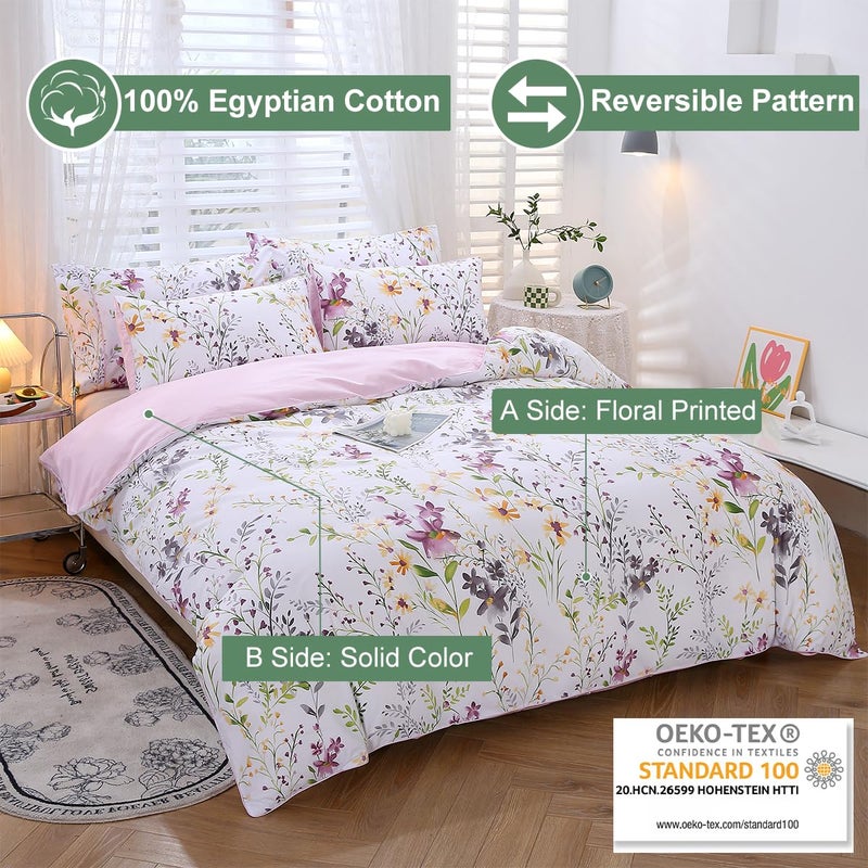 URBONUR Floral Duvet Cover Set King Size 3-Pieces Egyptian Cotton Percale Weave Bedding Set Garden Chic Flowers Comforter Cover, Soft Breathable Durable Bedding with Button Closure - Image 2