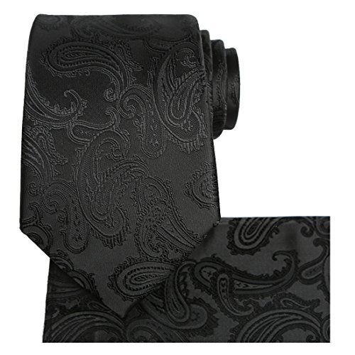 KissTies Mens Black Tie Set: Paisley Necktie + Pocket Square - Image 1