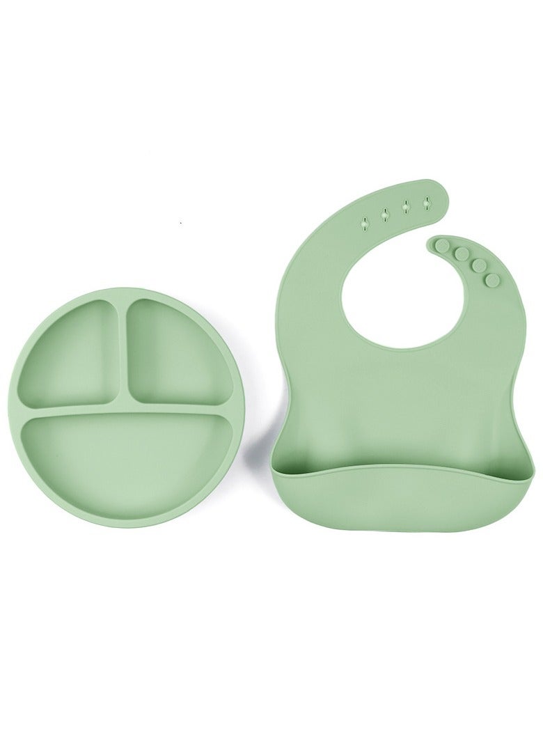 Children's Silicone Tableware Set Baby Food Tray Tableware (Tray + Saliva Pocket) Green Two-Piece Set - Image 1