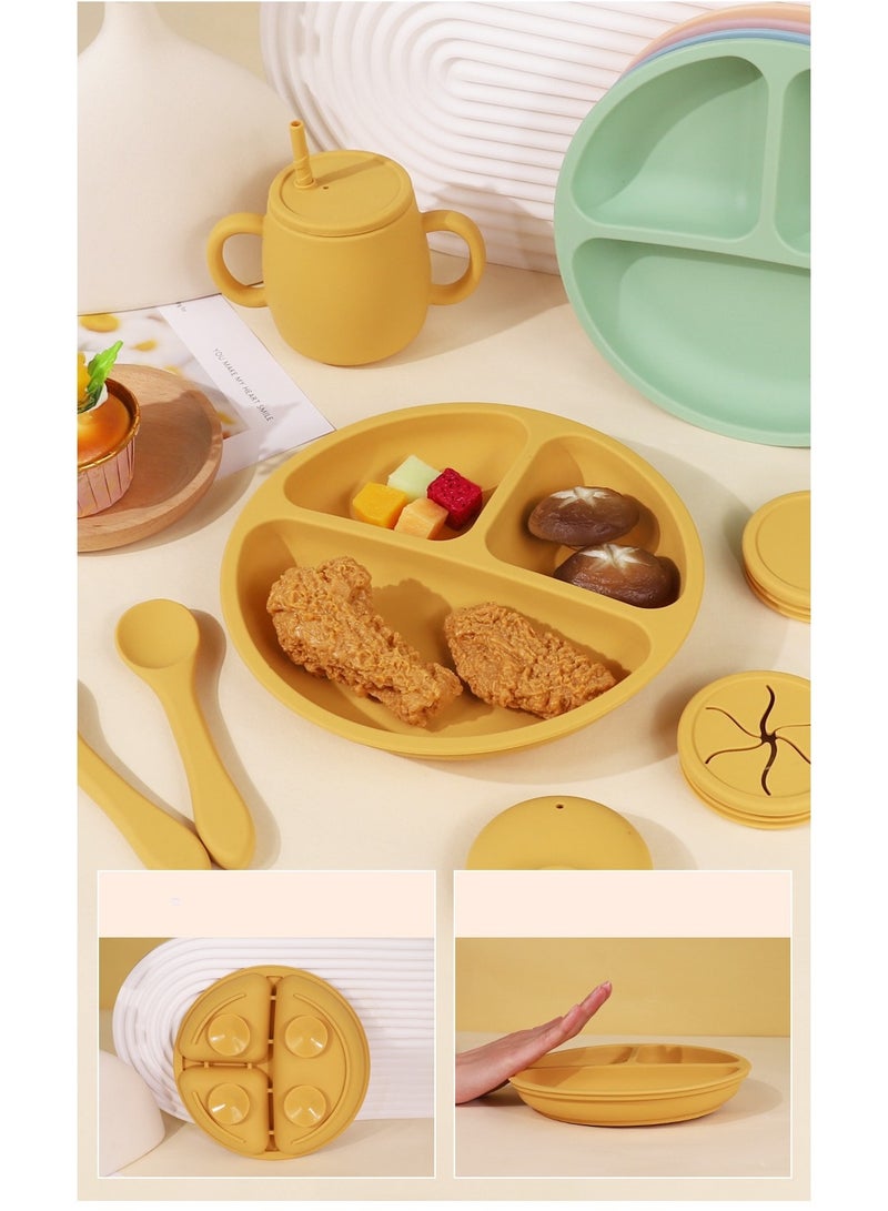 Children's Silicone Tableware Set Baby Food Tray Tableware (Tray + Saliva Pocket) Green Two-Piece Set - Image 3