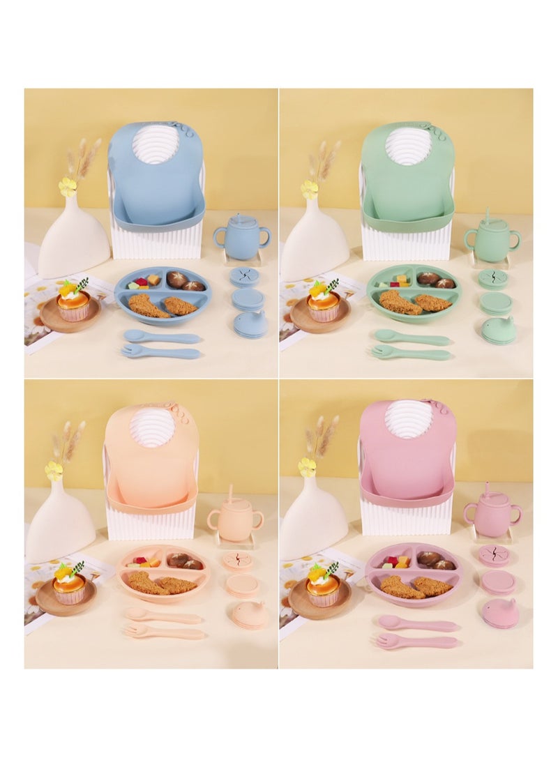 Children's Silicone Tableware Set Baby Food Tray Tableware (Tray + Saliva Pocket) Green Two-Piece Set - Image 4