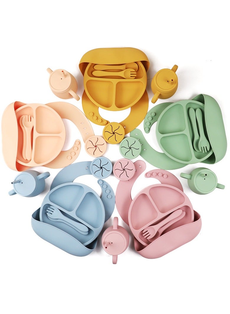 Children's Silicone Tableware Set Baby Food Tray Tableware (Tray + Saliva Pocket) Green Two-Piece Set - Image 5