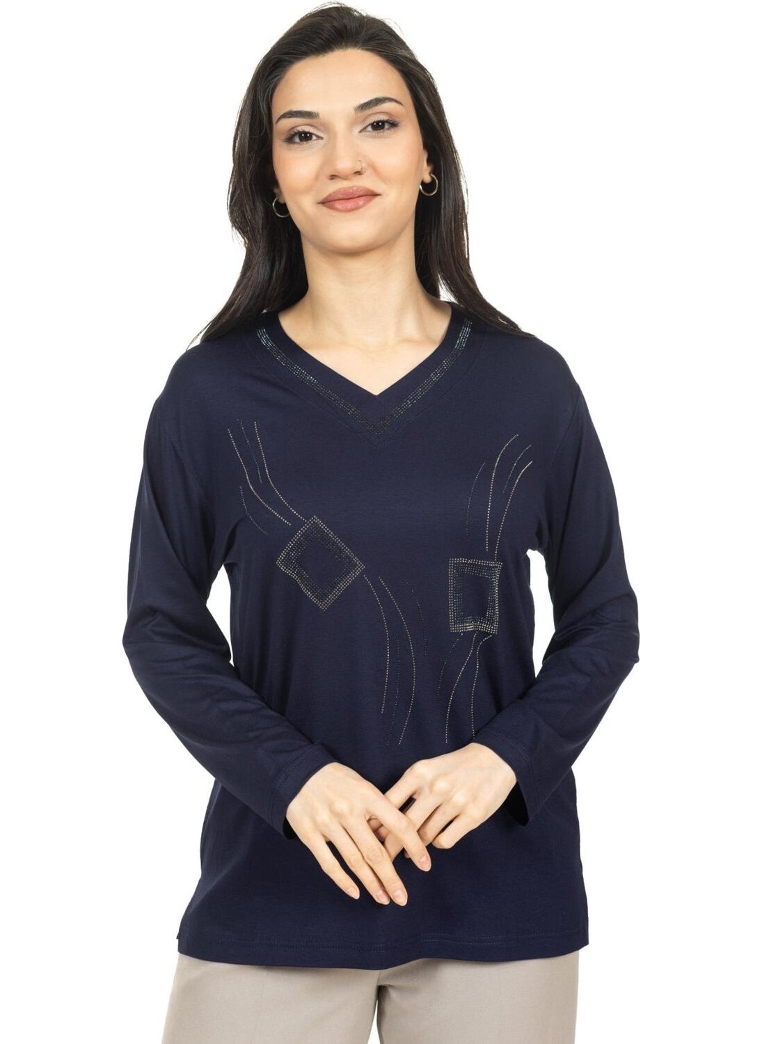 Mutlu City - Women Middle Age and Above New Model V Neck Stone Embroidered Mother's Combed Cotton Blouse 30560 - Image 1