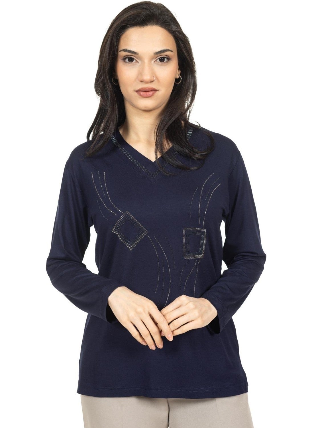 Mutlu City - Women Middle Age and Above New Model V Neck Stone Embroidered Mother's Combed Cotton Blouse 30560 - Image 1