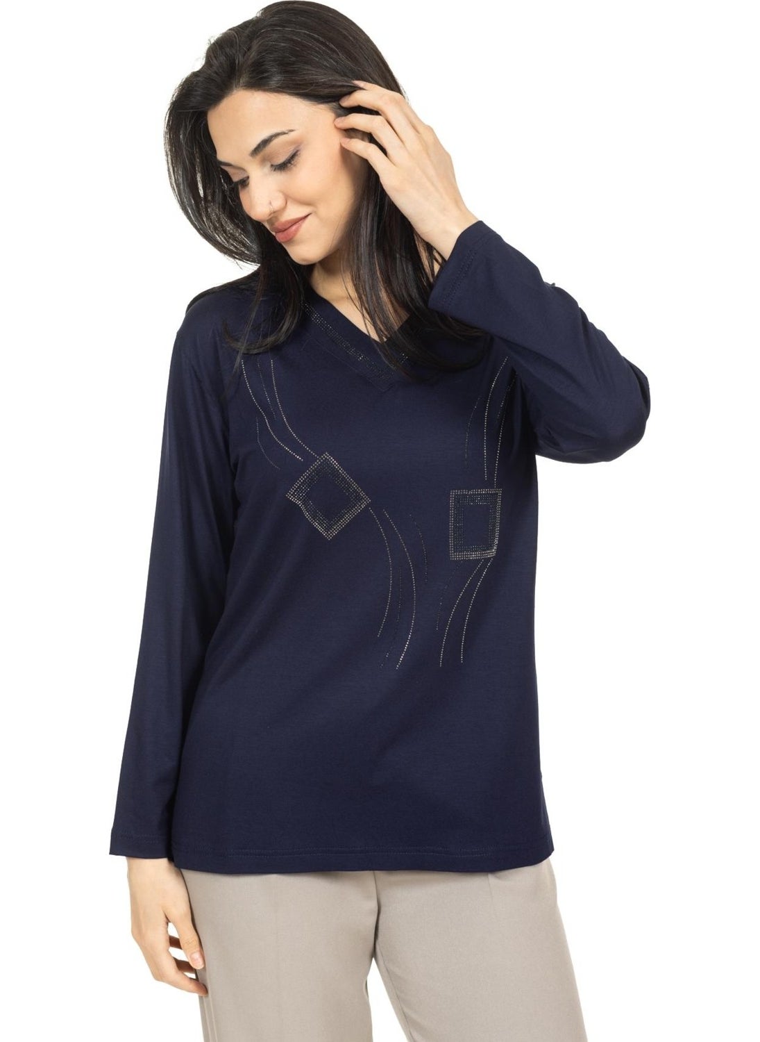 Mutlu City - Women Middle Age and Above New Model V Neck Stone Embroidered Mother's Combed Cotton Blouse 30560 - Image 1