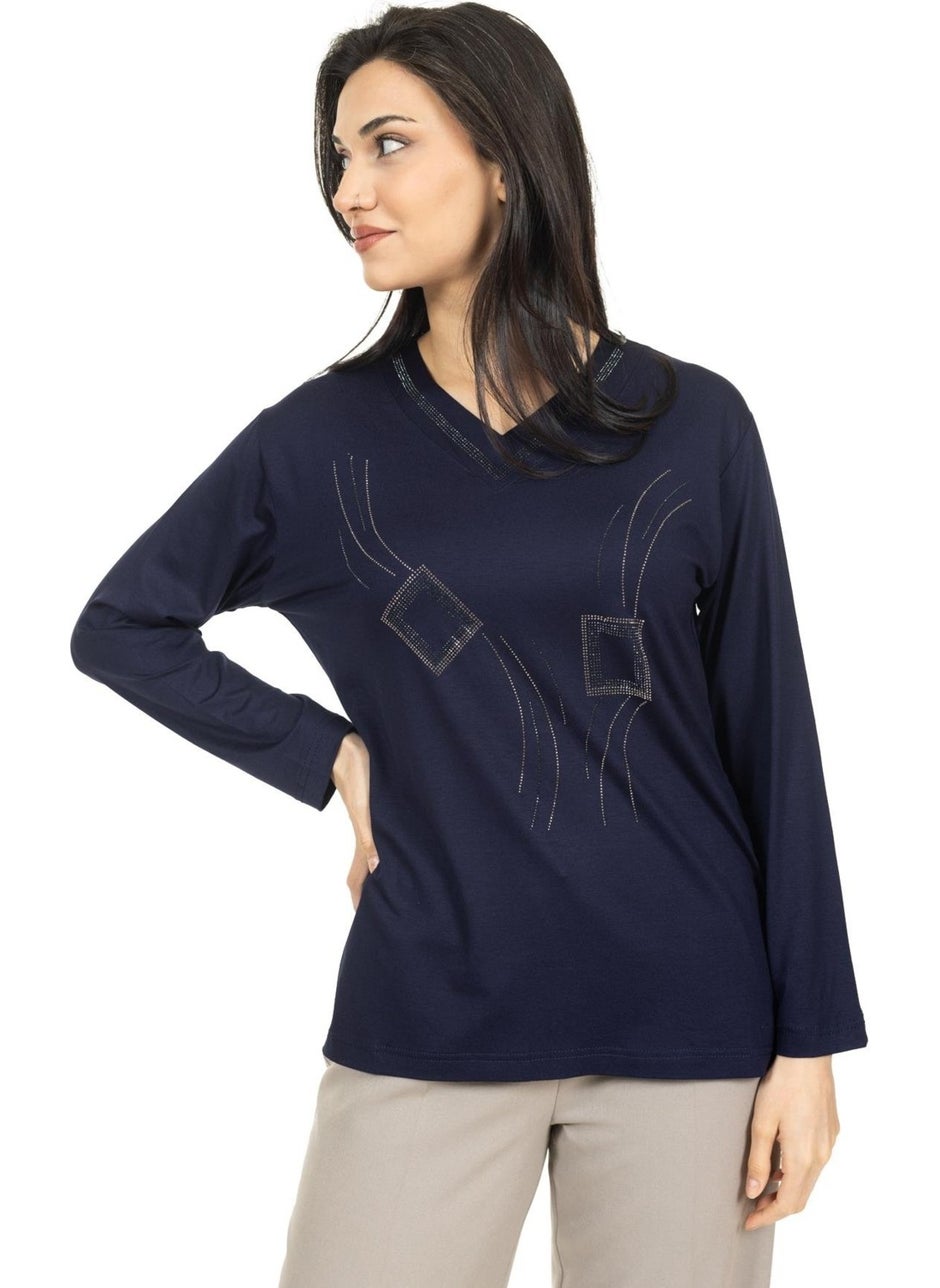 Mutlu City - Women Middle Age and Above New Model V Neck Stone Embroidered Mother's Combed Cotton Blouse 30560 - Image 1