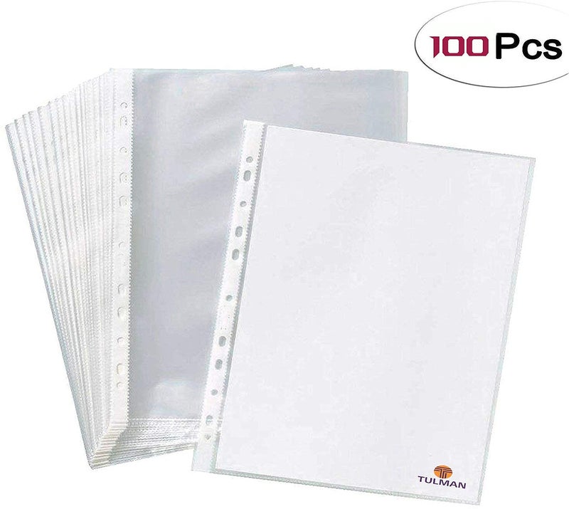 TULMAN A4 Size Transparent Document Sleeves, 100 Pcs, Heavy Duty Clear Sheet Protectors, 150 Microns, Plastic Leaf, Waterproof, 11-Hole Punched for Ring Binders & Files, Office & School Use - Image 3