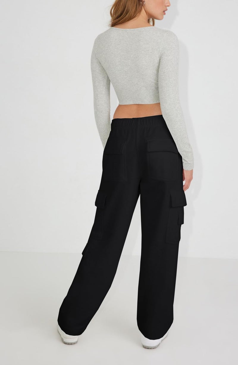 Waitfairy Wide Leg Sweatpants Women Cargo Pants Fleeece High Waisted Baggy Sweatpants for Women Casual Pants with 8 Pockets Black XL - Image 4