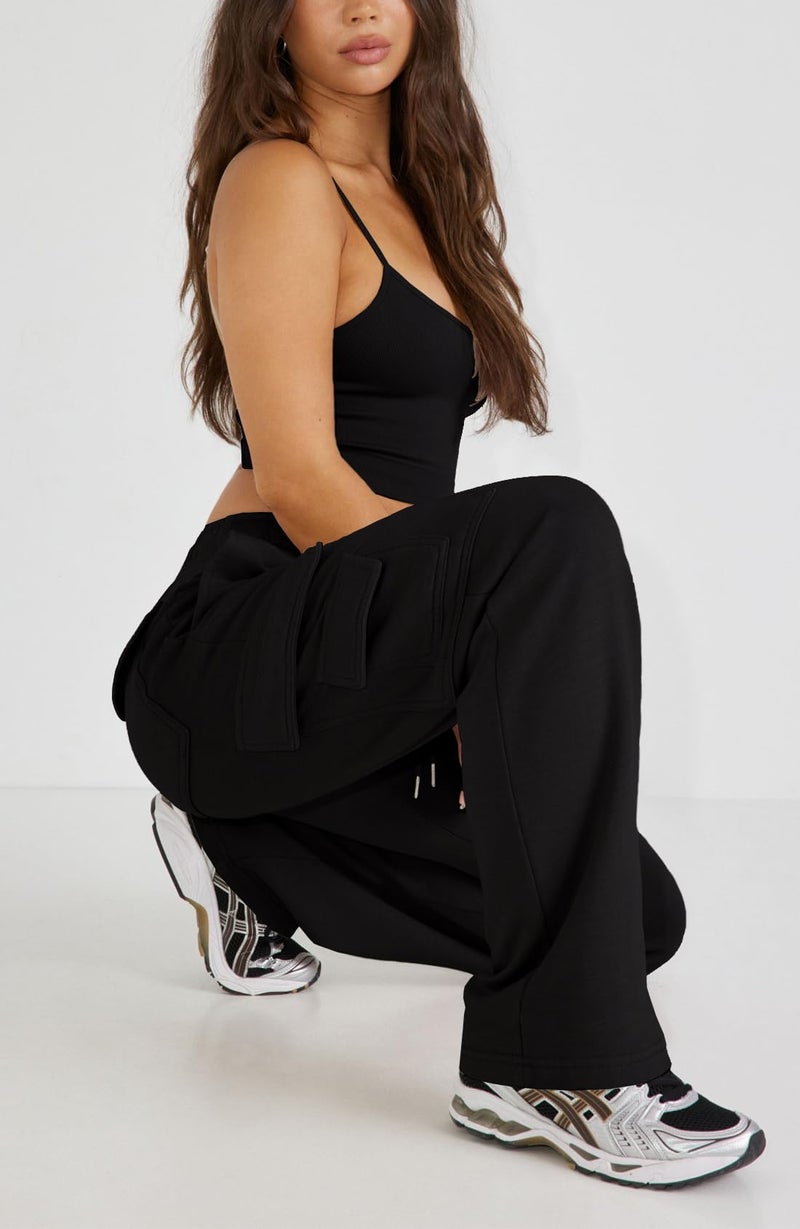 Waitfairy Wide Leg Sweatpants Women Cargo Pants Fleeece High Waisted Baggy Sweatpants for Women Casual Pants with 8 Pockets Black XL - Image 3