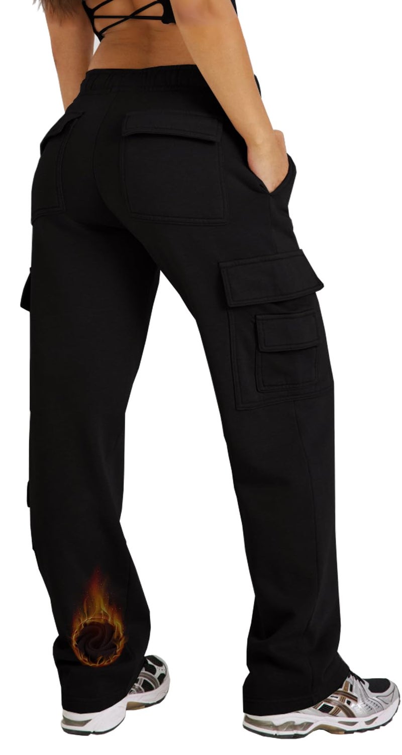 Waitfairy Wide Leg Sweatpants Women Cargo Pants Fleeece High Waisted Baggy Sweatpants for Women Casual Pants with 8 Pockets Black XL - Image 1