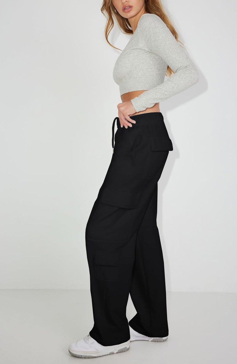 Waitfairy Wide Leg Sweatpants Women Cargo Pants Fleeece High Waisted Baggy Sweatpants for Women Casual Pants with 8 Pockets Black XL - Image 5