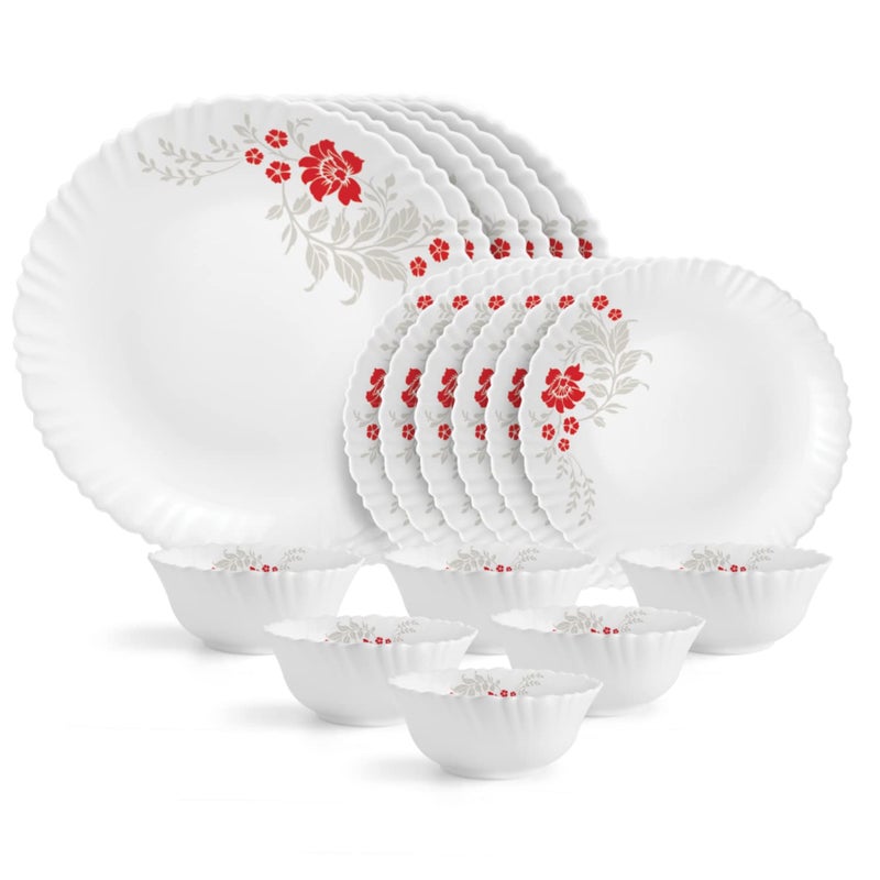 Cello Opalware Dazzle Series Scarlet Bliss Dinner Set - 18 Units Serving for 6 | Bone Ash-Free | Lightweight, Elegant White Plastes & Bowls Set |Opal Glass Crockery Set For Daily Use Dinning & Gifting - Image 1