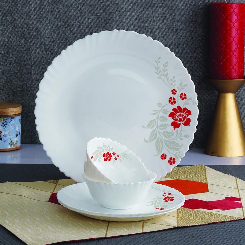 Cello Opalware Dazzle Series Scarlet Bliss Dinner Set - 18 Units Serving for 6 | Bone Ash-Free | Lightweight, Elegant White Plastes & Bowls Set |Opal Glass Crockery Set For Daily Use Dinning & Gifting - Image 4