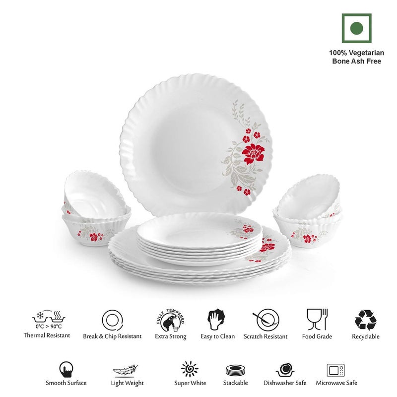 Cello Opalware Dazzle Series Scarlet Bliss Dinner Set - 18 Units Serving for 6 | Bone Ash-Free | Lightweight, Elegant White Plastes & Bowls Set |Opal Glass Crockery Set For Daily Use Dinning & Gifting - Image 2