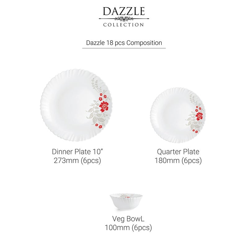 Cello Opalware Dazzle Series Scarlet Bliss Dinner Set - 18 Units Serving for 6 | Bone Ash-Free | Lightweight, Elegant White Plastes & Bowls Set |Opal Glass Crockery Set For Daily Use Dinning & Gifting - Image 3
