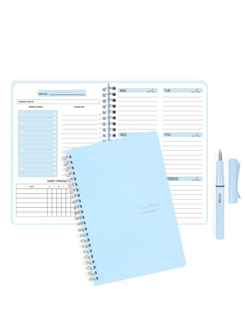 A5 Undated Weekly Planner with Blue Fountain Pen - Goal Tracker, To-Do List & Habit Journal, 5.7 x 8.0 inches, Spiral Bound - Image 1