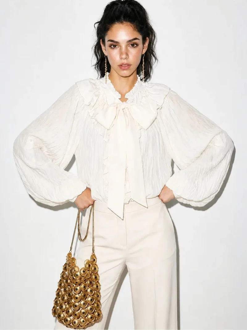Bianco Lucci LUCCI Button-Up Crepe Blouse with Bow Detail