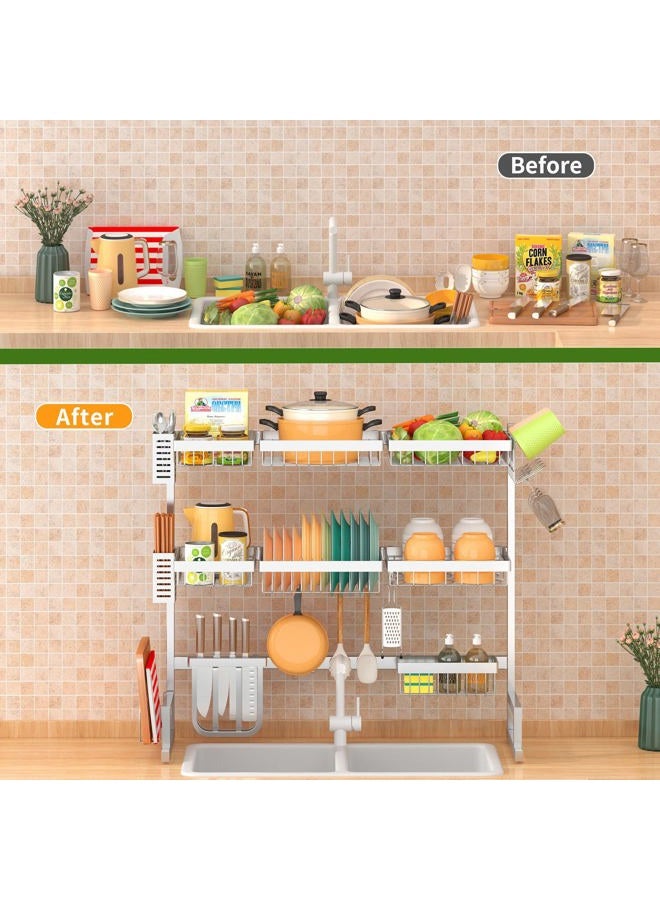 Pusdon Adjustable Over Sink Dish Drying Rack 3 Tier, 2 Cutlery Holders Drainer Shelf for Kitchen Storage Counter Organizer Stainless Steel Space Save Shelf (Sink Size 33-44inch, Black or Silver) - Image 2
