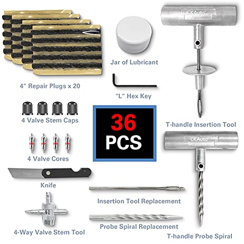 CKAuto Universal Tire Repair Kit, Heavy Duty Car Emergency Tool Kit for Flat Tire Puncture Repair, 36 Pcs Value Pack, Tire Plug Kit fit for Autos, Cars, Motorcycles, Trucks, RVs, etc. - Image 4