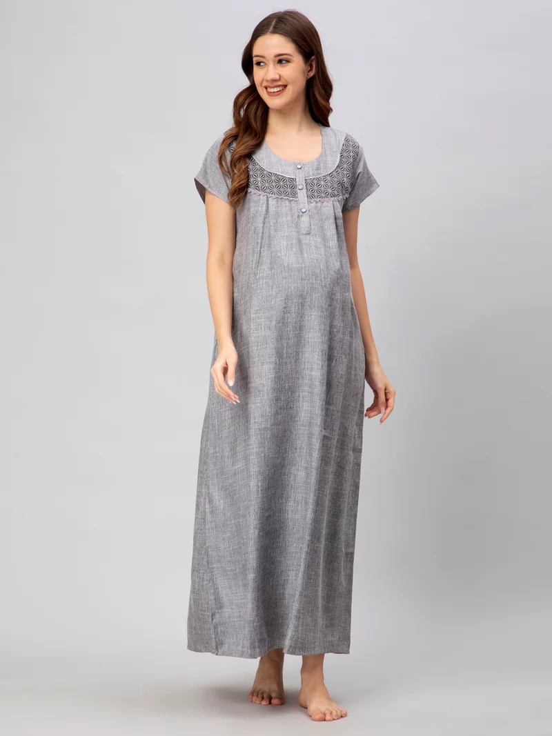 سي اي اي  18 قميص نوم نسائي قطن رايون للحوامل والرضاعة بتصميم - مع سحاب مخفي رمادي داكن