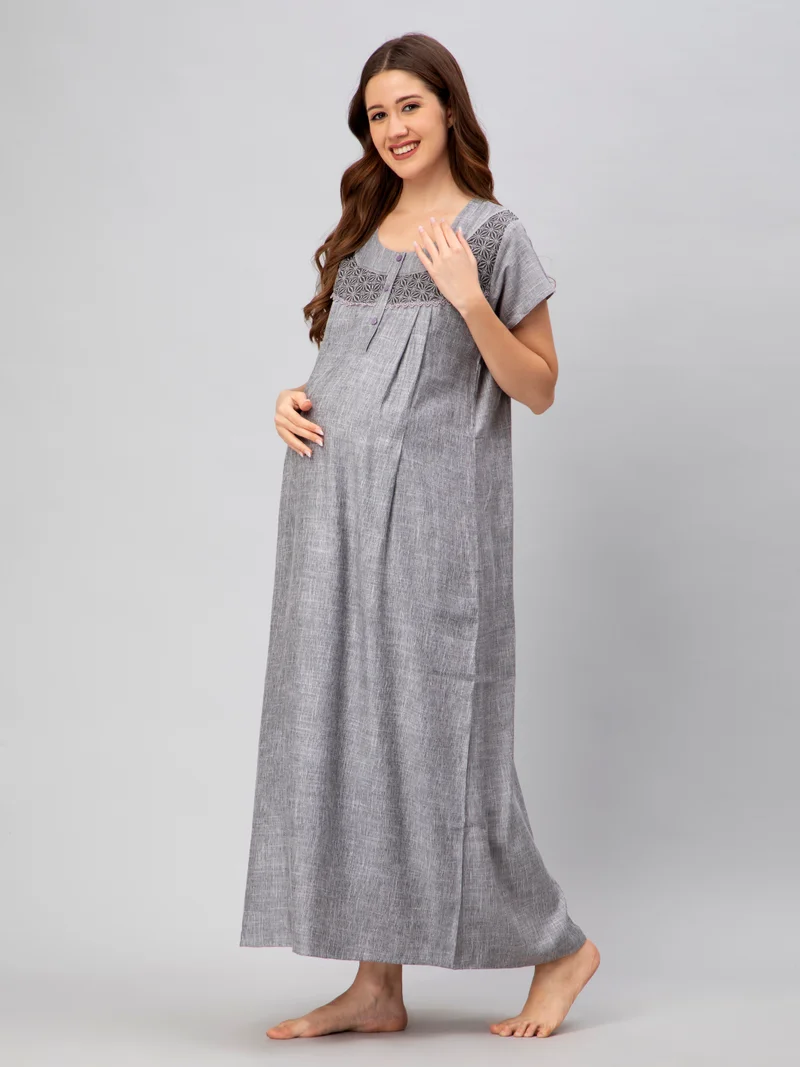 سي اي اي  18 قميص نوم نسائي قطن رايون للحوامل والرضاعة بتصميم - مع سحاب مخفي رمادي داكن